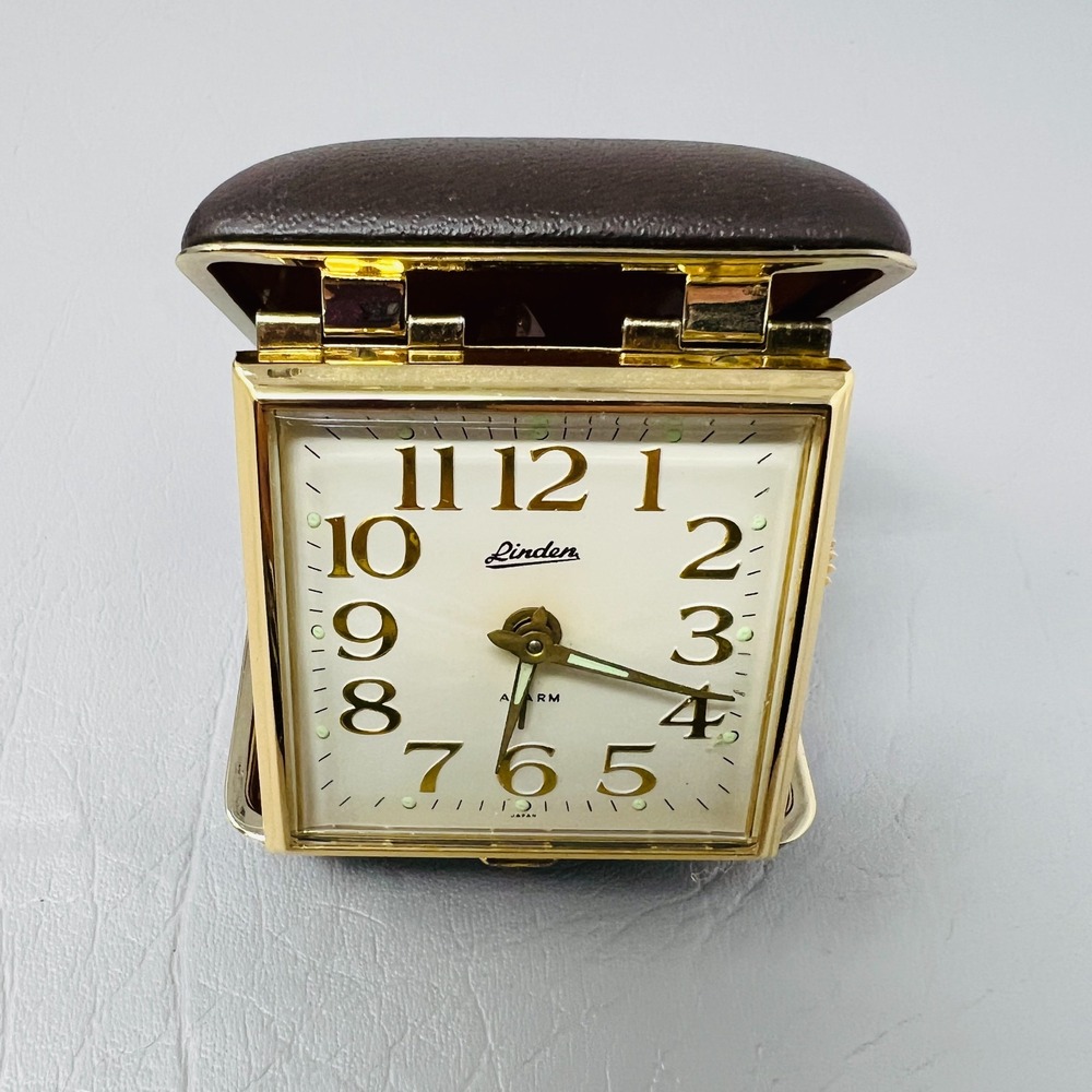 Vintage Linden Travel Alarm Clock Folding Case Gold Tone Analog Brown Retro